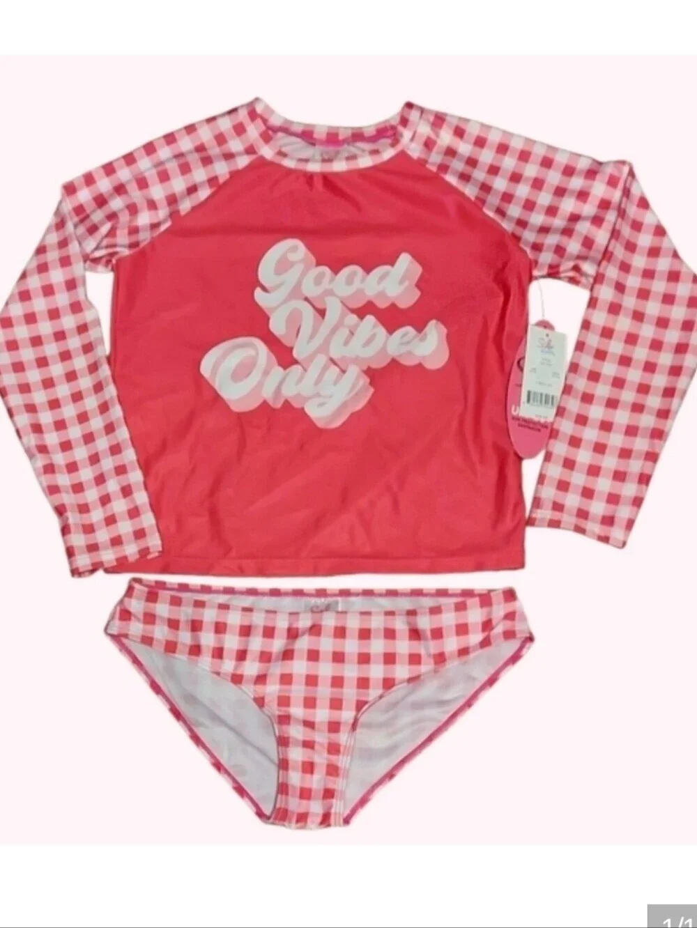 NWT Sol Good Vibes Only Kids Rashguard Set - Hot Pink Gingham Regular & Plus